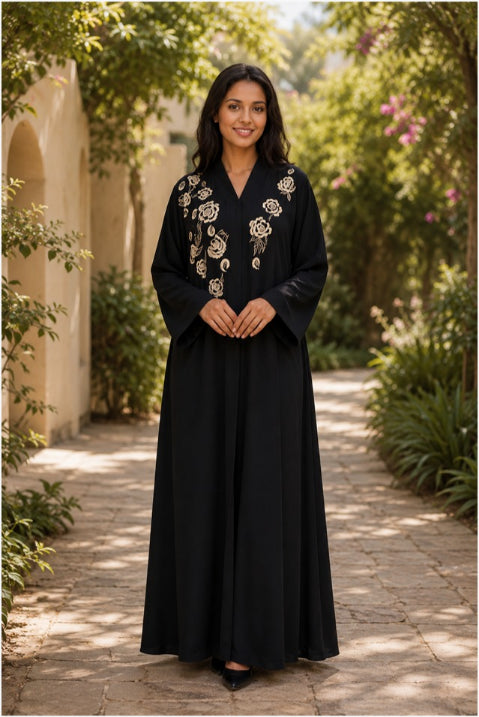Ruh Black Embroidered Open Abaya